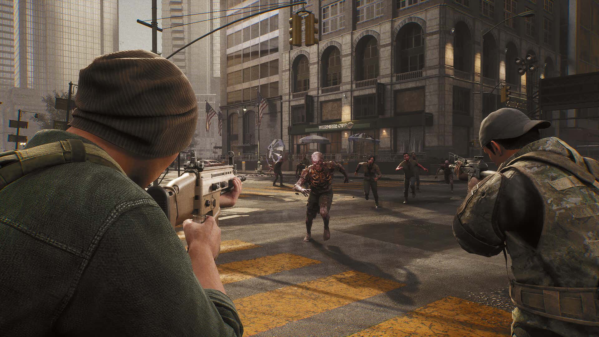 Zombies are running at people with guns at an intersection in the city. 